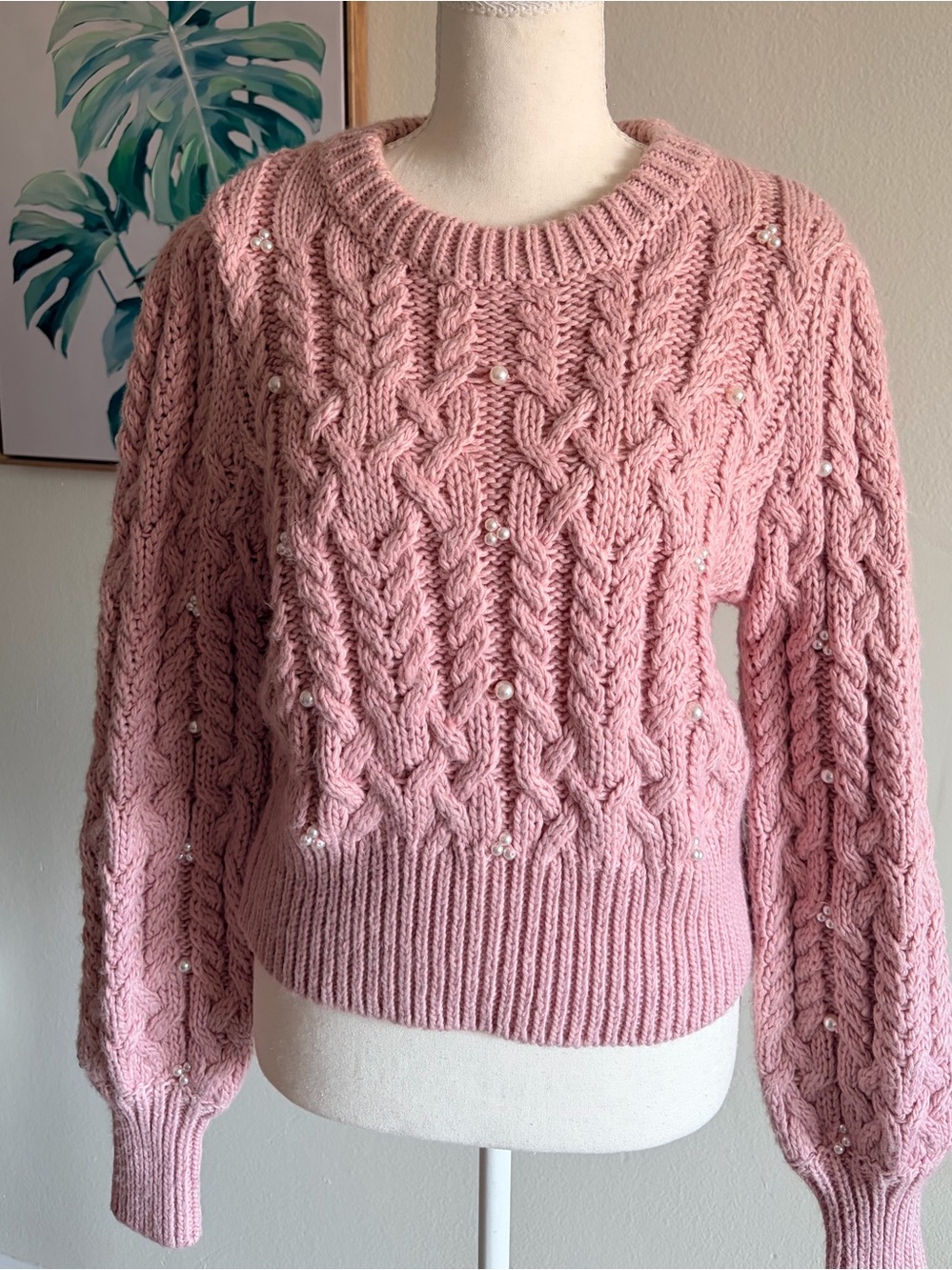 House of Harlow 1960 Pink Cable Knit Pearl Embellished Sweater Jumper Size S